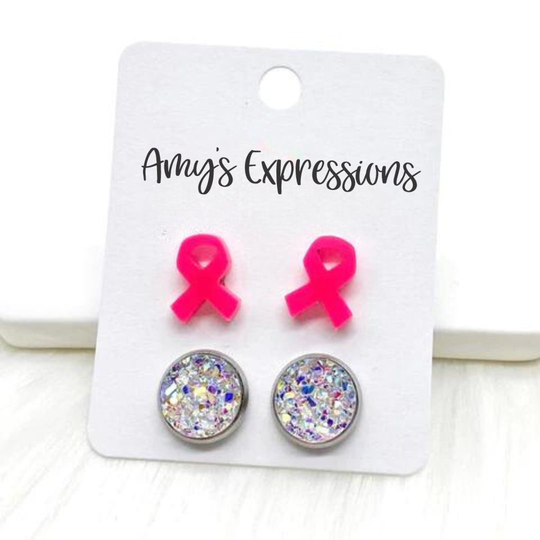Hot Pink Ribbons & Crystals Breast Cancer Awareness Stud Earrings
