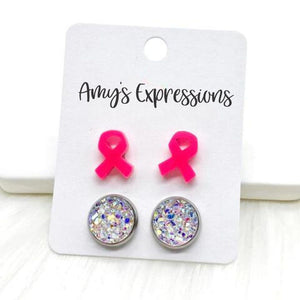 Hot Pink Ribbons & Crystals Breast Cancer Awareness Stud Earrings